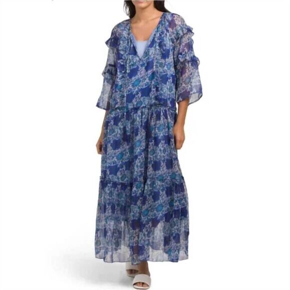 Debbie Katz Mariah Midi Dress Blue Oversized paisley chiffon dress Medium NWOT $ - Picture 1 of 12